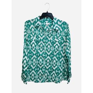 Chico’s Ikat Print Button Down Shirt Green White 100% Cotton Size 1 Medium